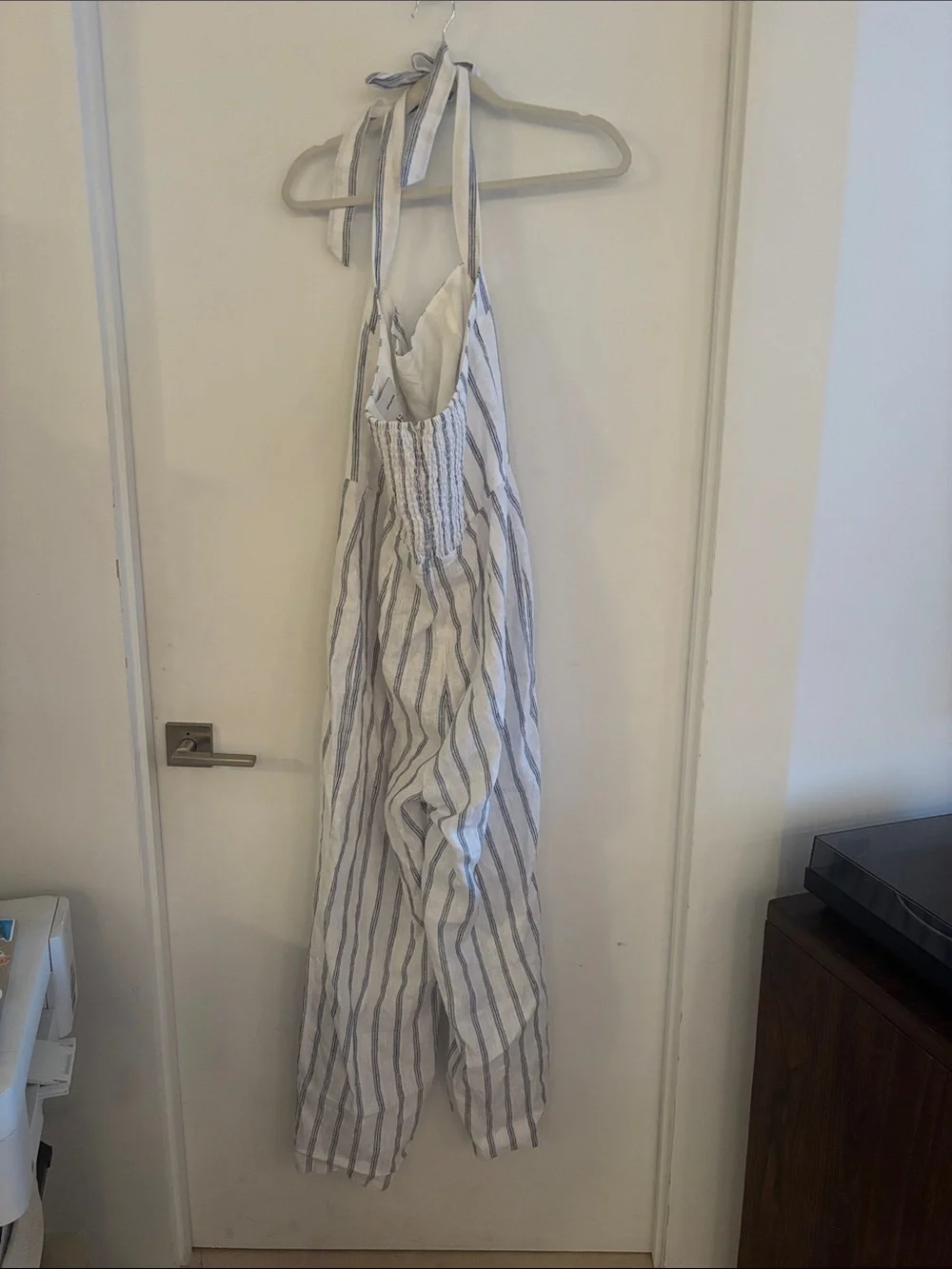 Reformation Malika Linen Jumpsuit Harbor Stripe 10 Sleeveless Halter Blue White